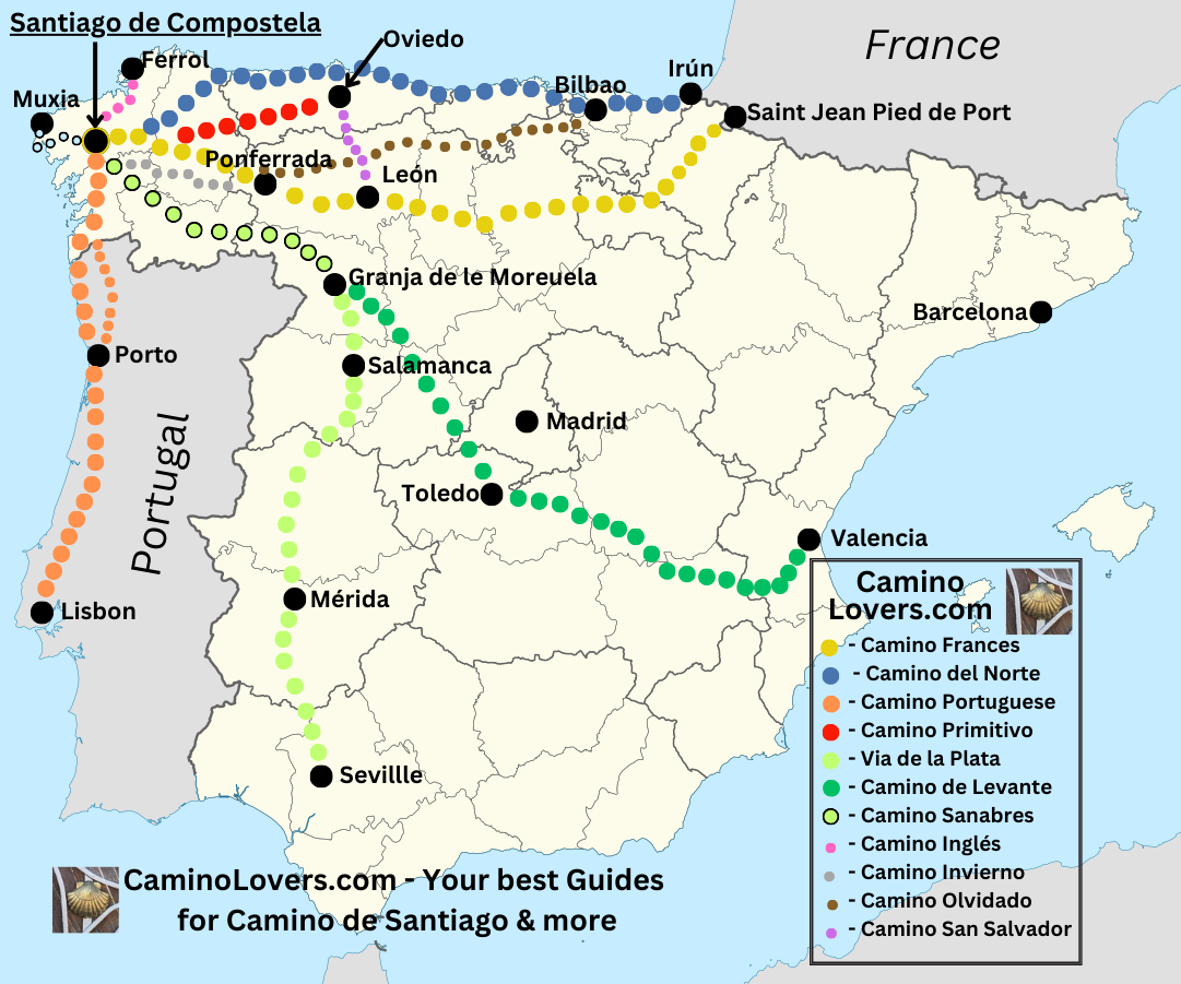 Map of all major pilgrimage routes in Spain, the Caminos de Santiago. 